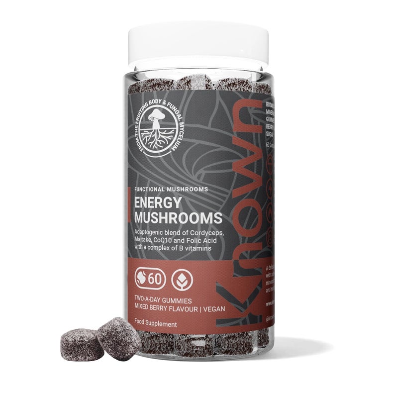 Known Tasty Energy Mushrooms Gummies - B Vitamins & Cordyceps - Energy & Fatigue - Natural Mixed Berry Flavour - 60 Vegan Gummies, 1 Month Supply